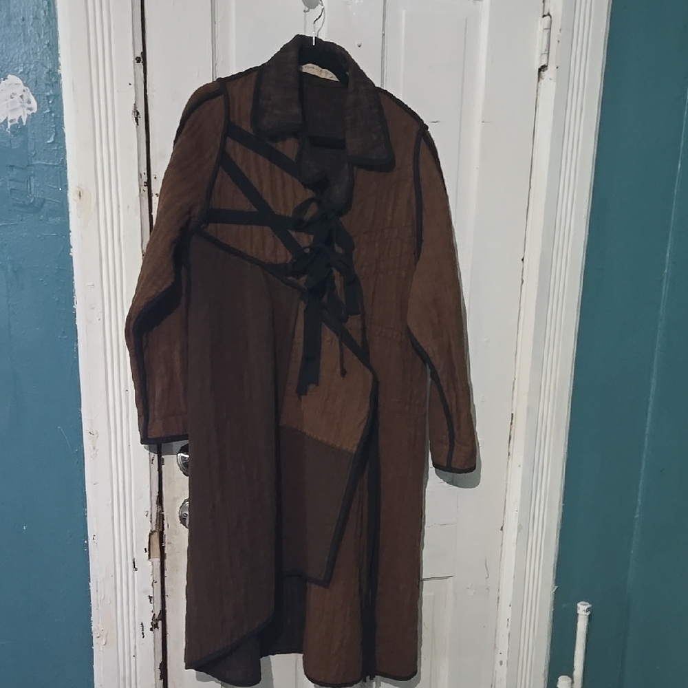 Brown and Black Long Coat with Ribbon Detail